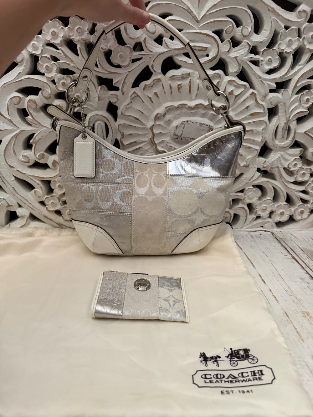 Coach Patchwork Signature Hobo in Silver and white